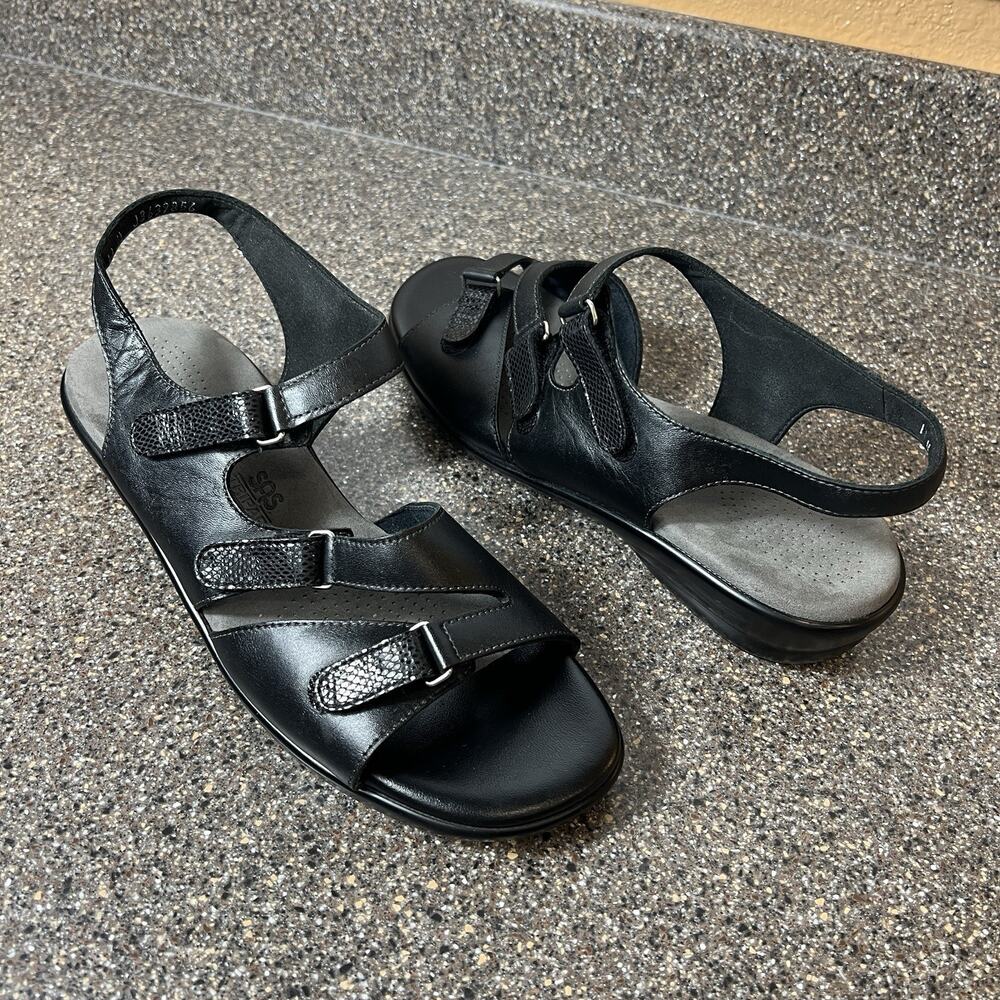 SAS Tripad Comfort Womens Sz 11M Black Leather Sandals Wedge Open Toe Sling Back